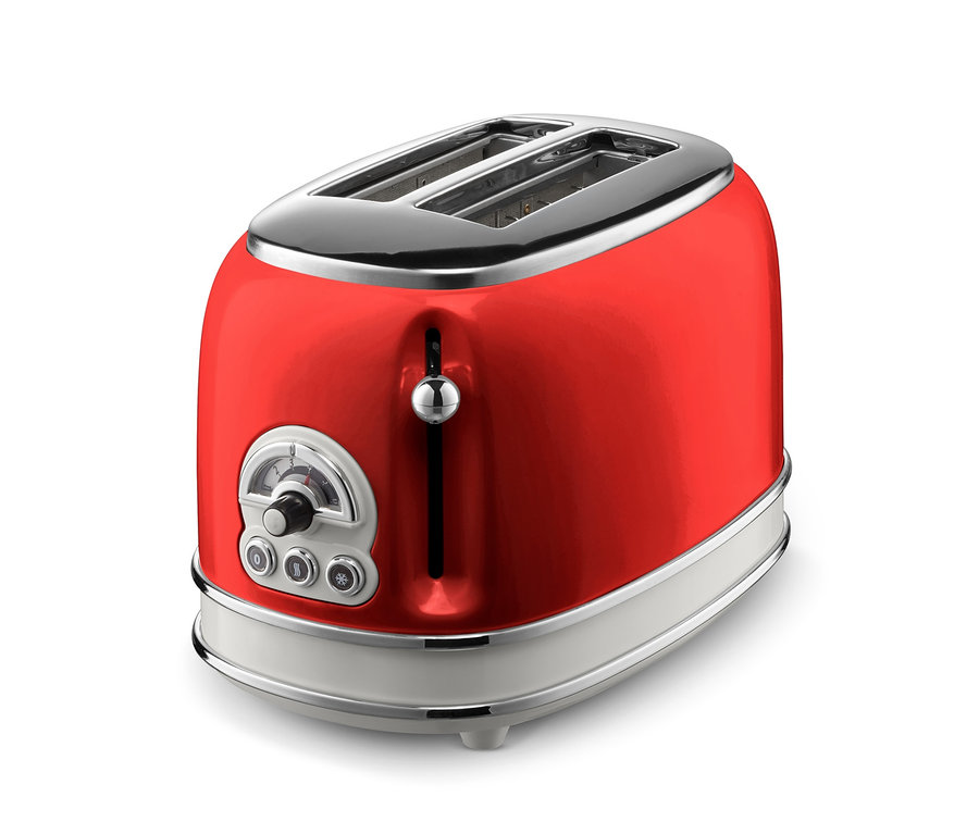 Roter Toaster für 2 Scheiben mit Chromdetails auf weißem Hintergrund.