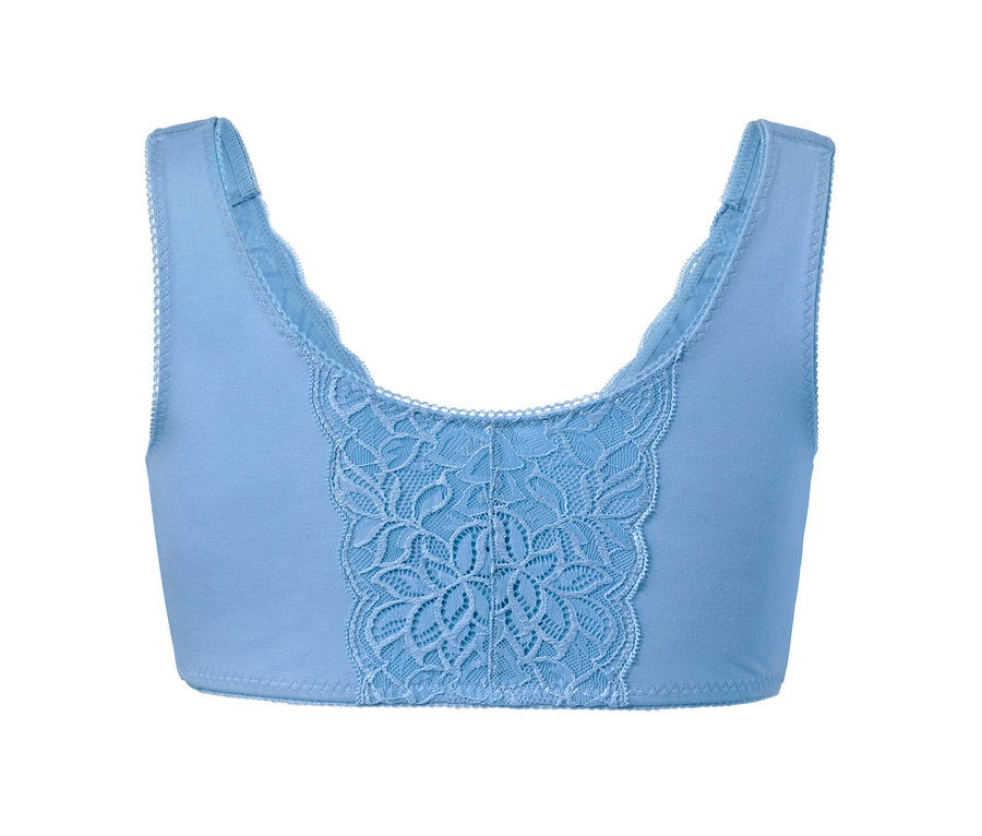 Hellblauer Entlastungs-BH mit Spitze in der Mitte.