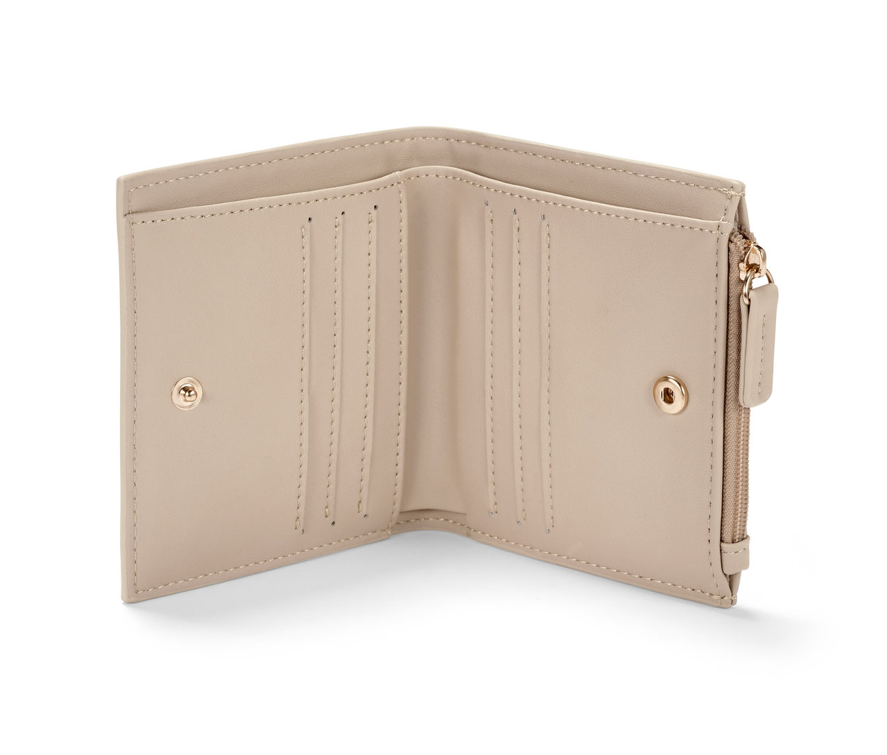 Geöffnetes Portemonnaie in Creme Farbe mit Kartenfächern.