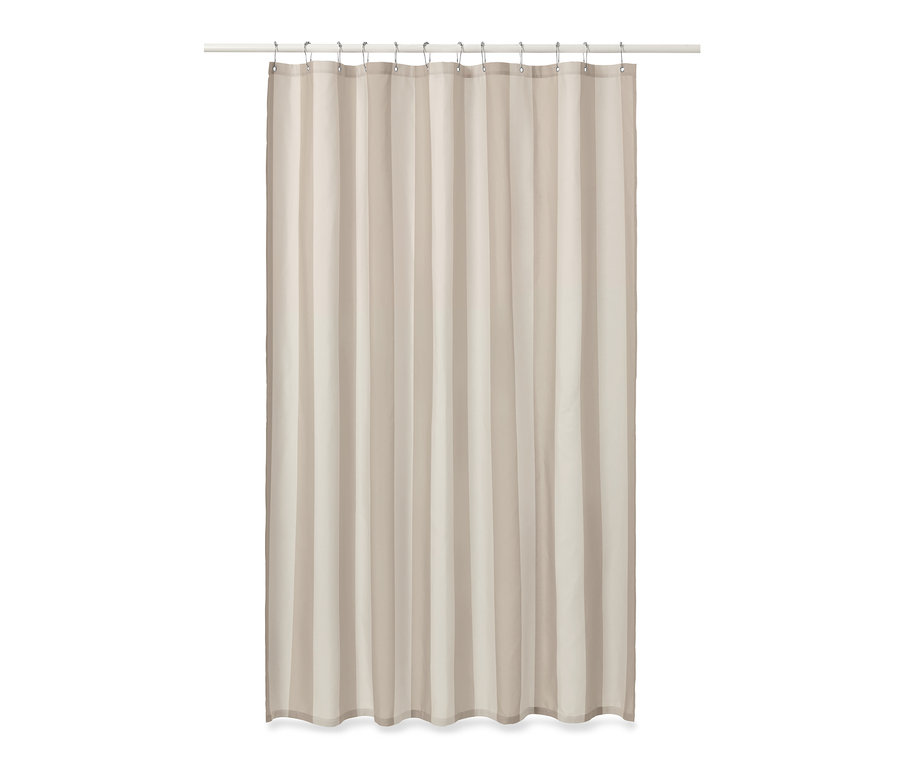 Beige-weißer Textil-Duschvorhang mit Metallhaken oben.