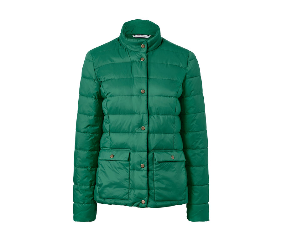 Grüne Steppjacke mit Knöpfen und Taschen.