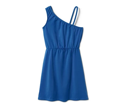 Blaues Jerseykleid mit einem Träger.