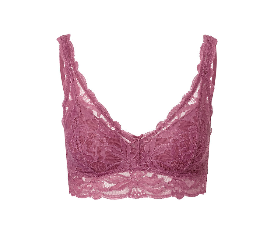 Violettes Spitzen-Bustier auf weißem Hintergrund.