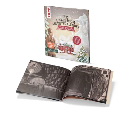 Offenes Buch mit Illustrationen neben Escape-Adventskalenderbuch »Sherlock Holmes und die geisterhafte Weihnacht«.