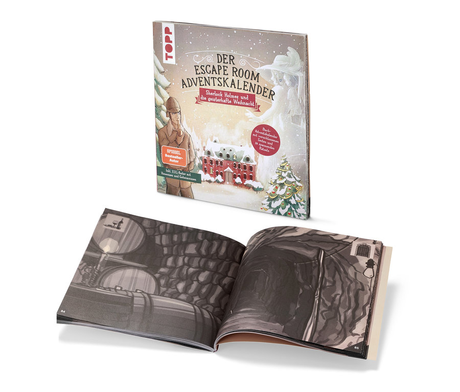 Offenes Buch mit Illustrationen neben Escape-Adventskalenderbuch »Sherlock Holmes und die geisterhafte Weihnacht«.