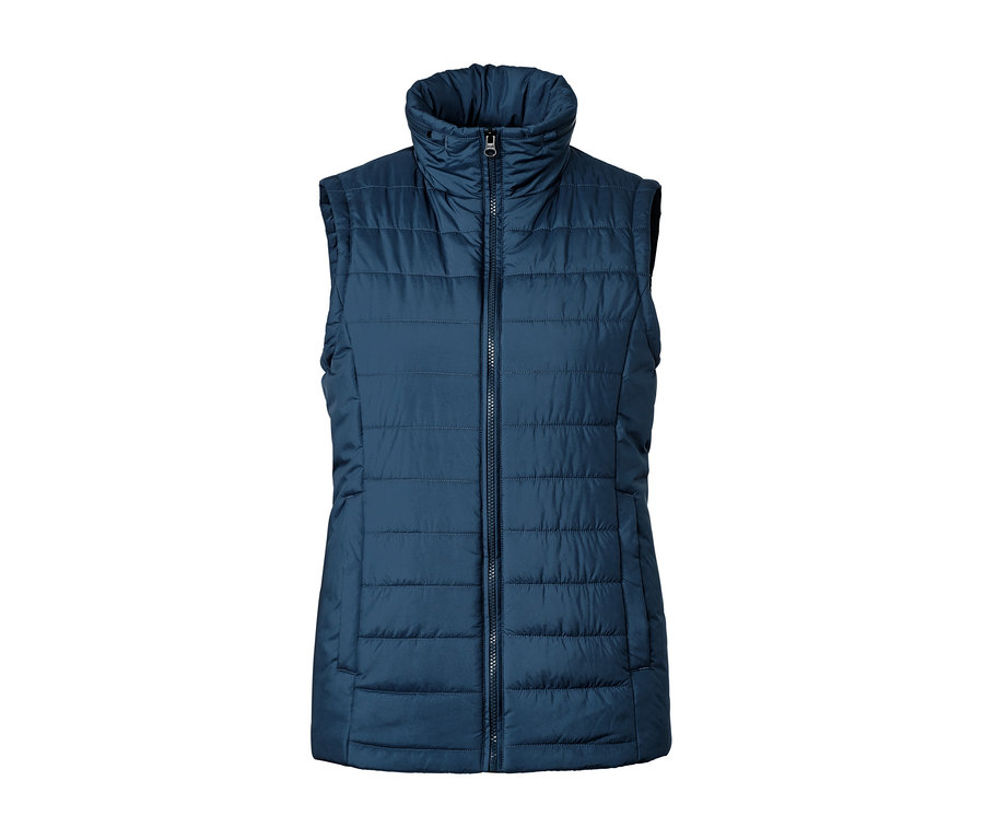 Eine marineblaue Steppweste mit Reißverschluss.