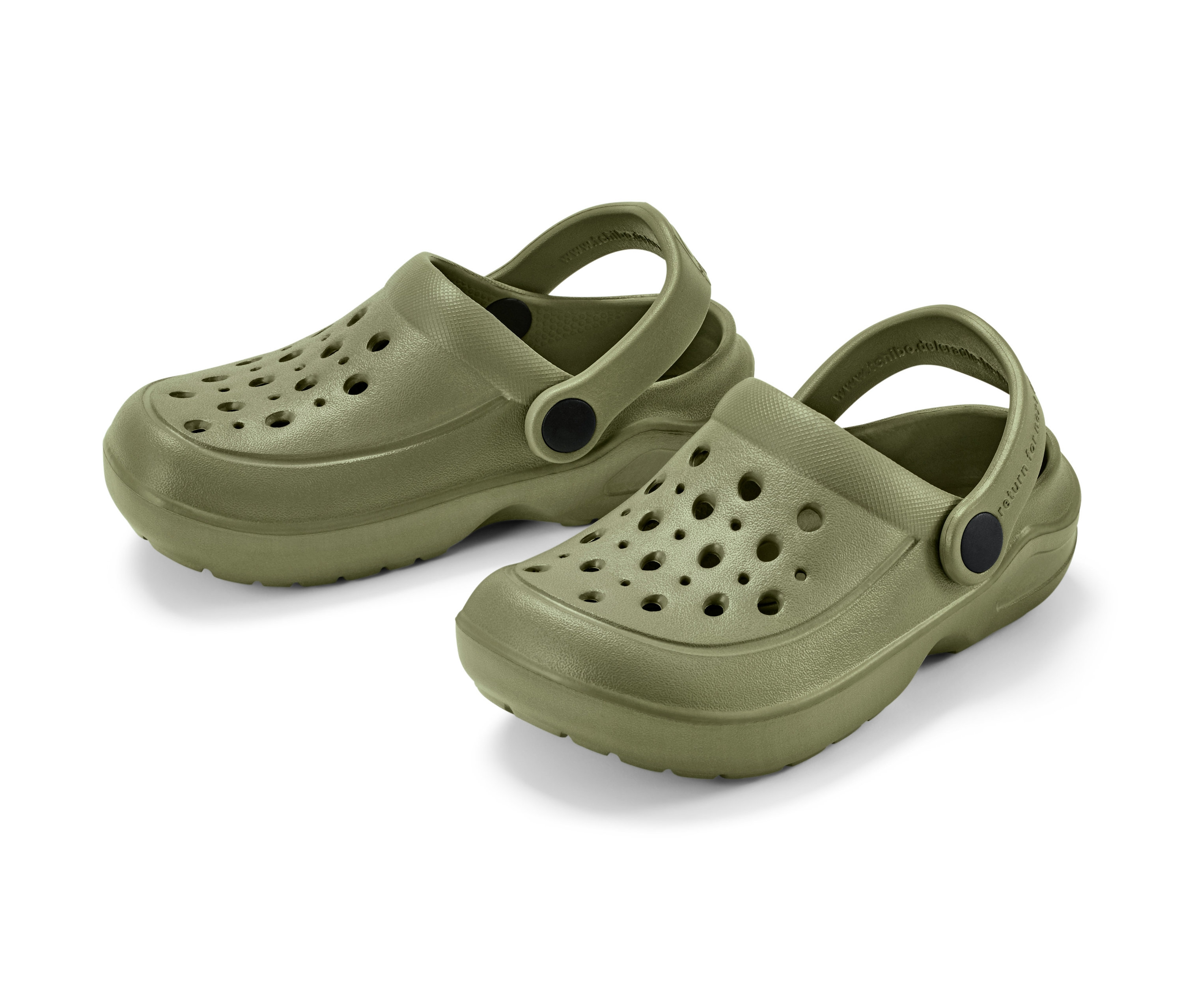 Zwei olivgrüne Kinder-Clogs.