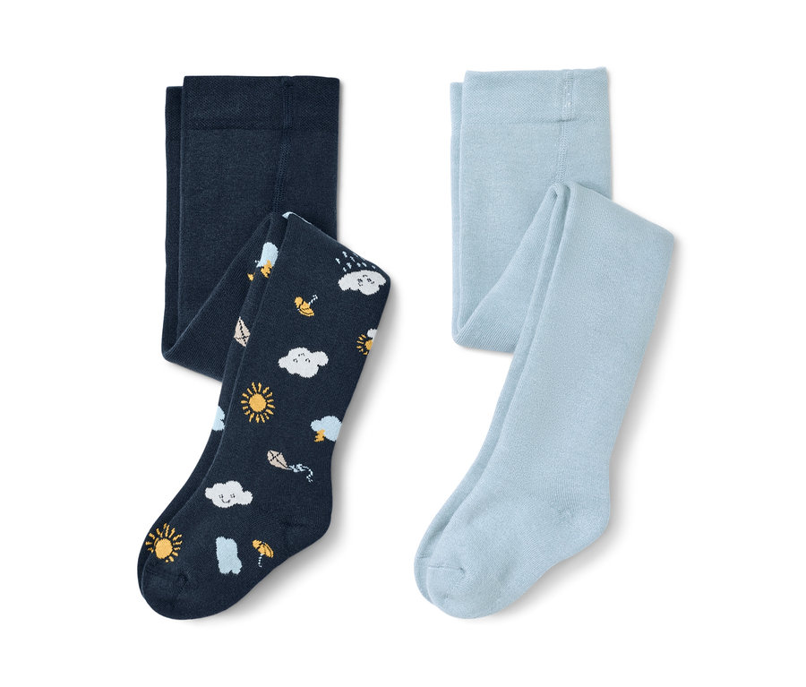 Zwei Kleinkind-Thermostrumpfhosen: eine dunkelblau mit Wolken-, Sonnen- und Regenmuster, die andere hellblau.