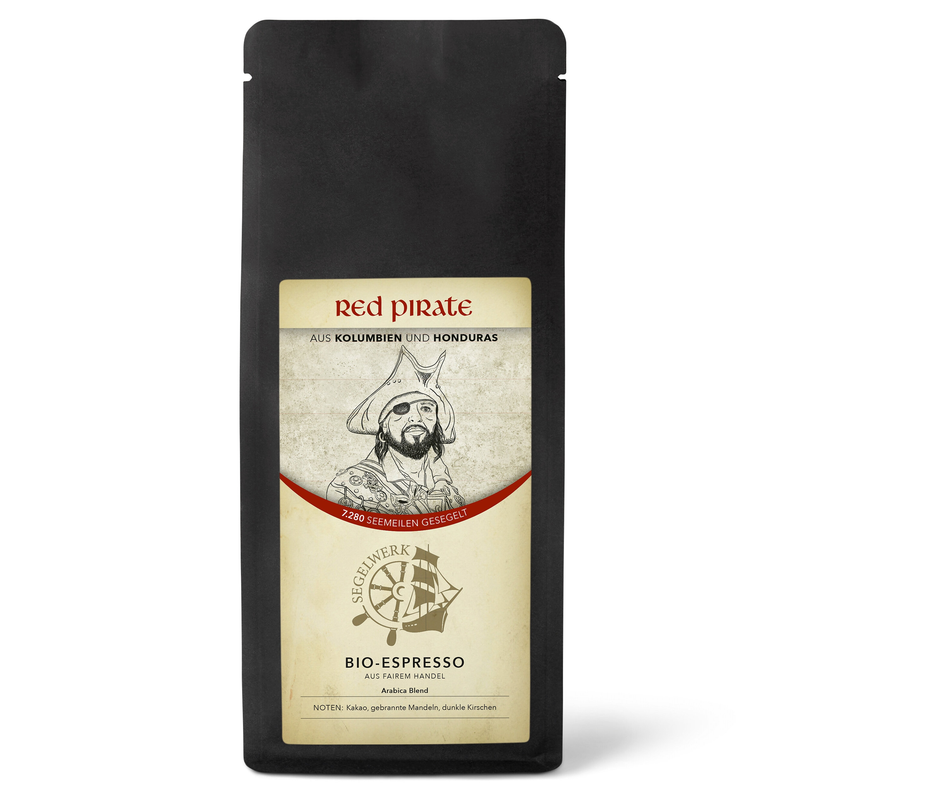 Eine Packung Segelwerk - Red Pirate Espresso Bio - 250 g Ganze Bohne.