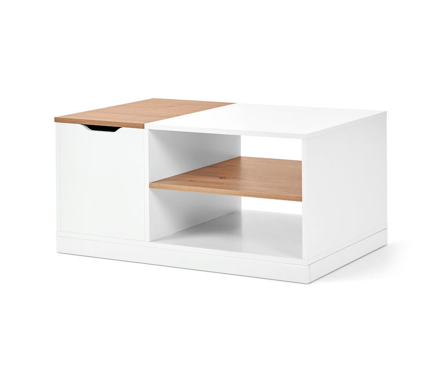 Weißer Couchtisch mit versteckten Rollen hat eine Schublade mit brauner Oberseite und ein offenes Regal mit einem braunen Regal.