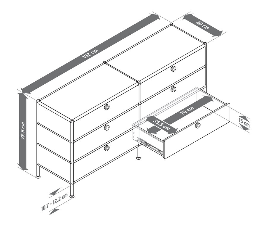Illustration einer Kommode Metall »CN3« mit 6 Schubladen, eine Schublade ist offen, mit Bemaßung.