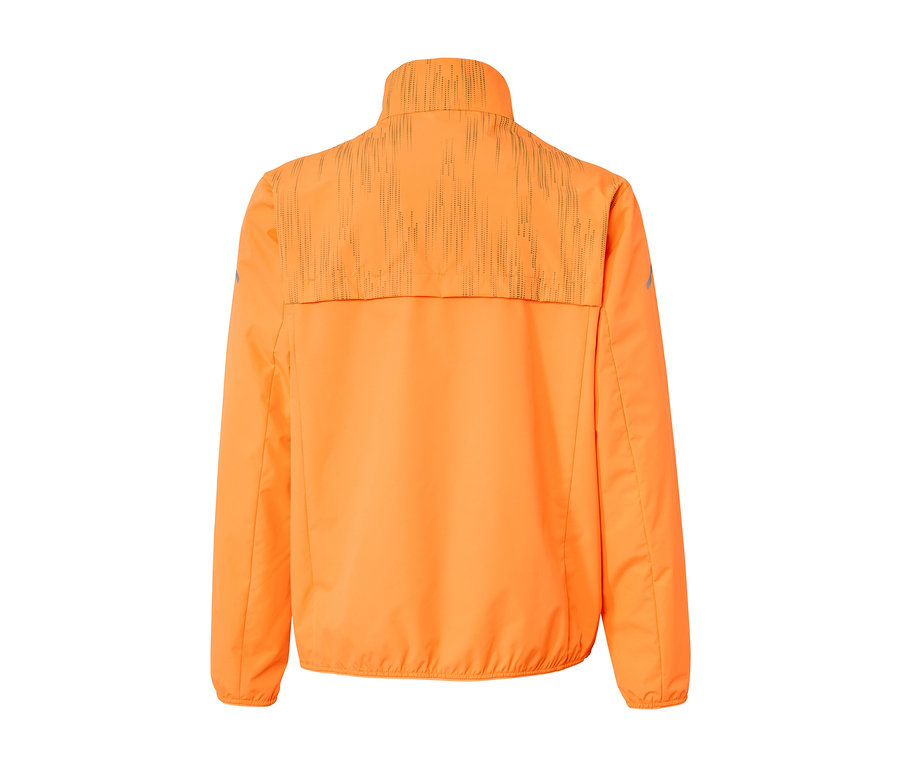 Detailansicht einer neonorangen Windprotection-Laufjacke.