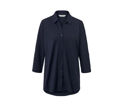 Dunkelblaue Piqué-Jerseybluse mit Knöpfen und Dreiviertelärmeln.