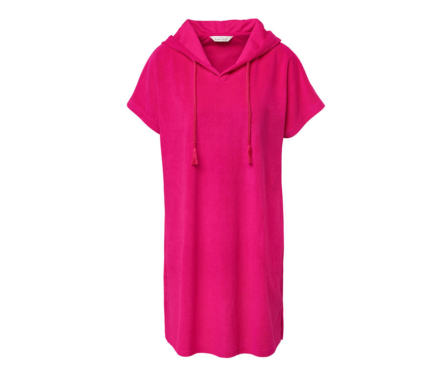 Pinkes Frottee-Strandkleid mit Kapuze und kurzen Ärmeln.