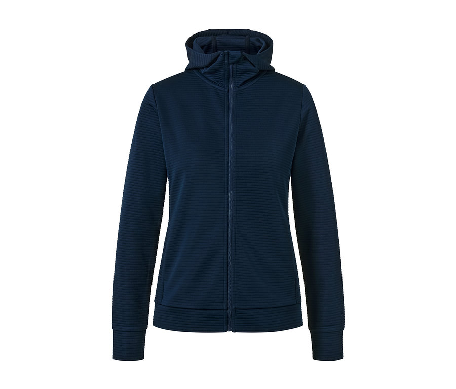 Blaue Kapuzenjacke mit Reißverschluss in der Mitte.