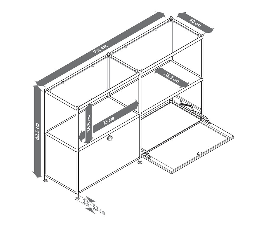 Zeichnung des Sideboards Metall »CN3« mit 2 Klappen und Glasböden, taupe.