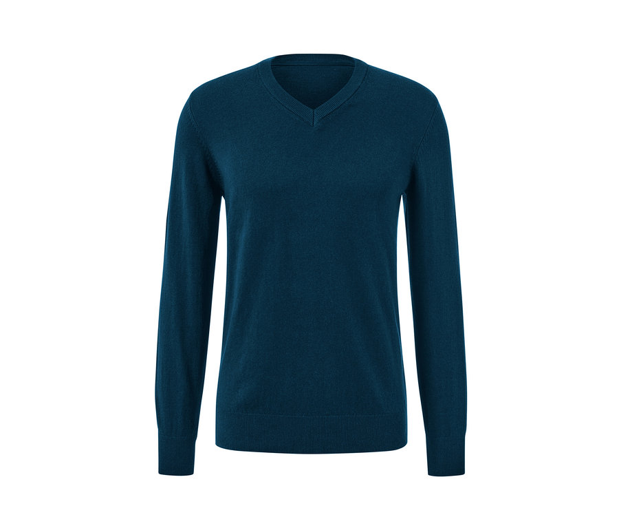 Petrolfarbener Pullover mit V-Ausschnitt.