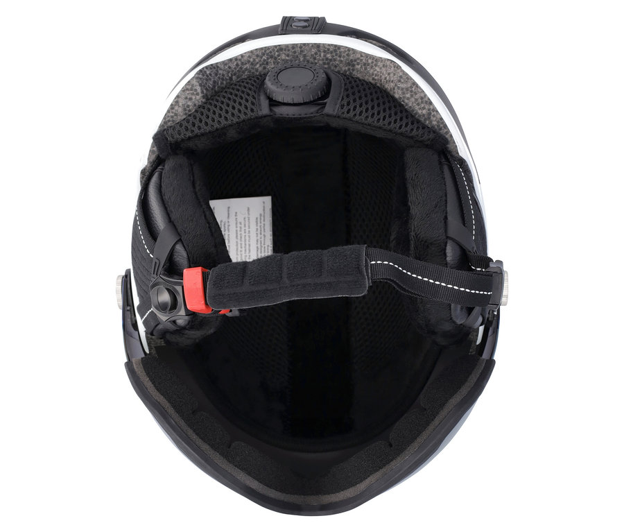 Draufsicht auf das Innere eines schwarz-weißen Helms.