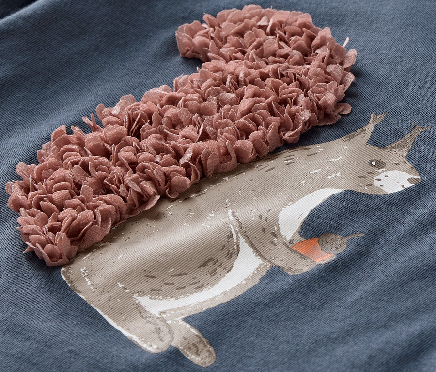 Detailansicht blaues Langarmshirt mit 3D-Applikation eines Eichhörnchens.