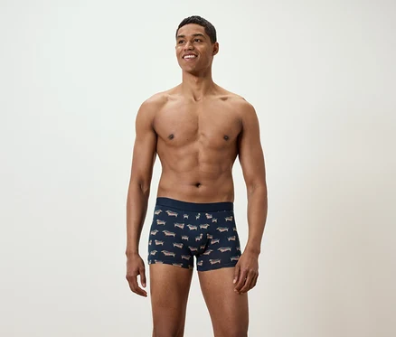 Lächelnder Mann mit freiem Oberkörper posiert in Boxershorts mit Dackel-Print.