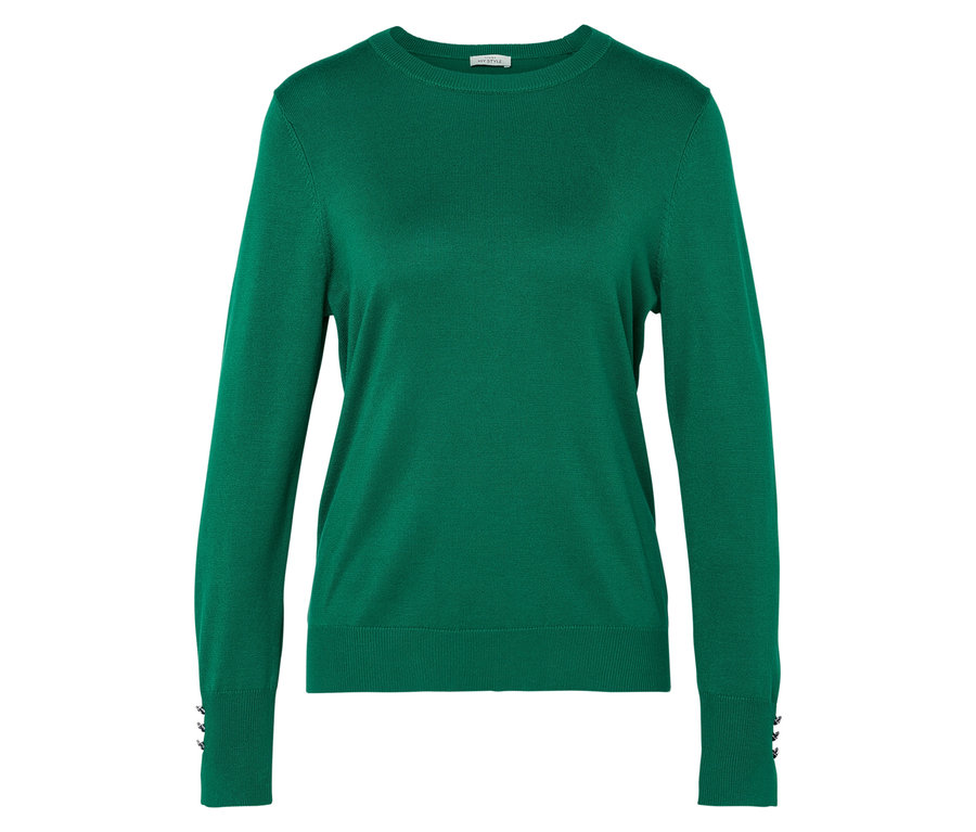 Grüner Pullover mit langen Ärmeln und Knopfdetails an den Manschetten.