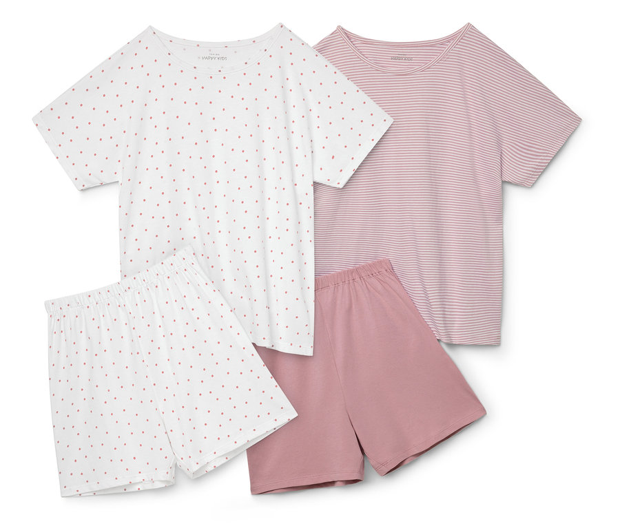Zwei Pyjama-Sets. Ein Set hat ein weißes Kurzarm-T-Shirt mit Tupfen und weiße Shorts. Das andere Set hat ein rosa gestreiftes Kurzarm-T-Shirt und rosa Shorts.