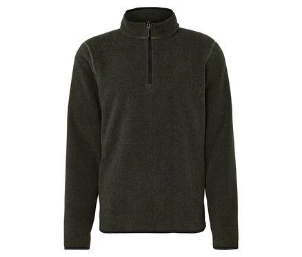 Ein dunkelgrüner Fleecepullover mit kurzem Reißverschluss.