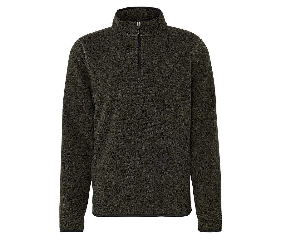 Ein dunkelgrüner Fleecepullover mit kurzem Reißverschluss.