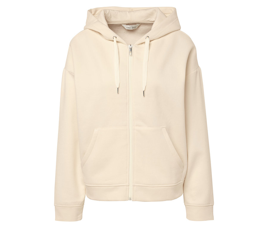 Cremefarbener Kapuzenpullover mit Reißverschluss.