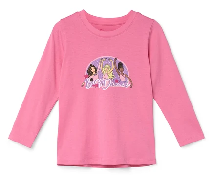 Rosa Langarmshirt mit einer Abbildung von drei Tänzerinnen.