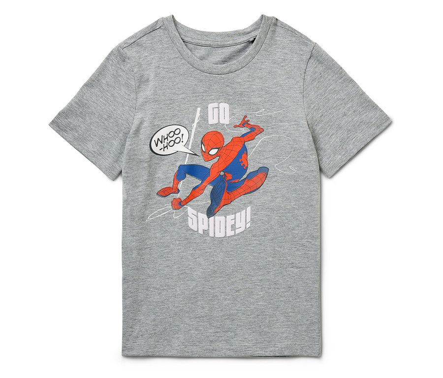 Graues Kurzarm-T-Shirt mit Spiderman-Aufdruck.