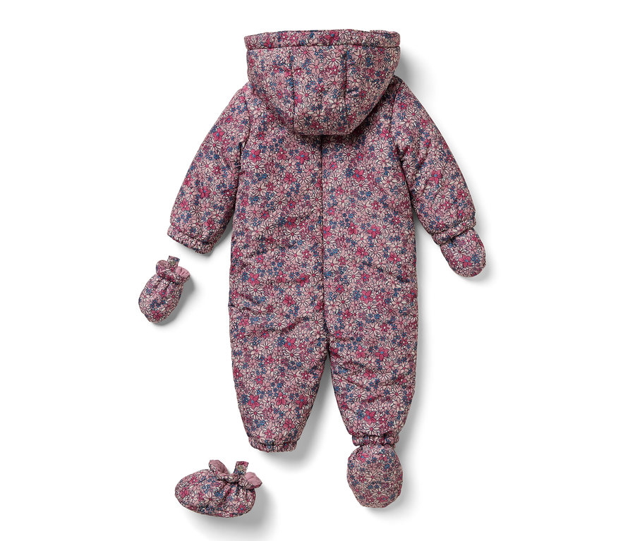 Baby Schneeanzug mit Kapuze und Handschuhen mit Blumenmuster.