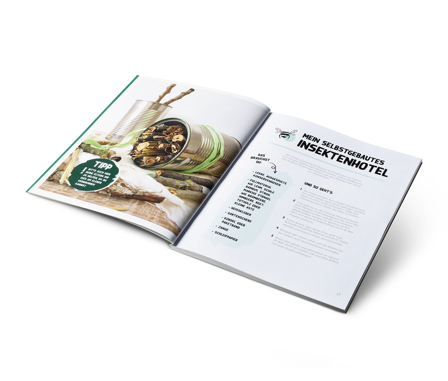 Offenes Buch zeigt Anleitung zum Bau eines Insektenhotels, mit dem Buch »Expedition Vitamine«.