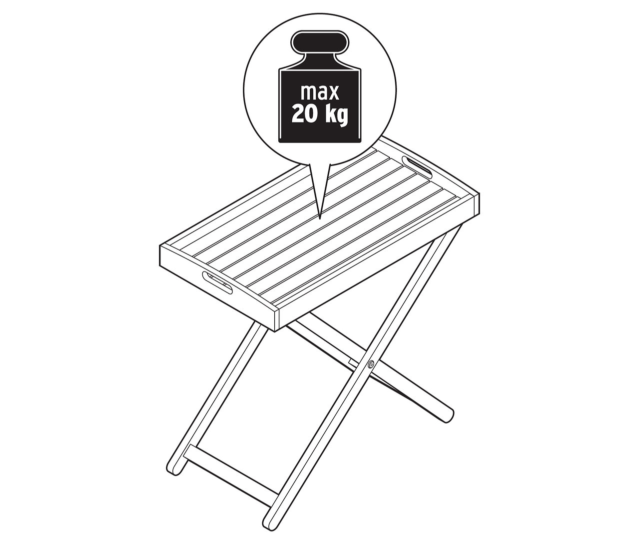 Schwarz-weiße Illustration eines Klapptisches mit einer maximalen Traglast von 20 kg.