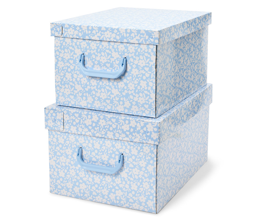 Zwei aufeinander gestapelte Aufbewahrungsboxen mit blauem Blumenmuster und blauen Griffen.