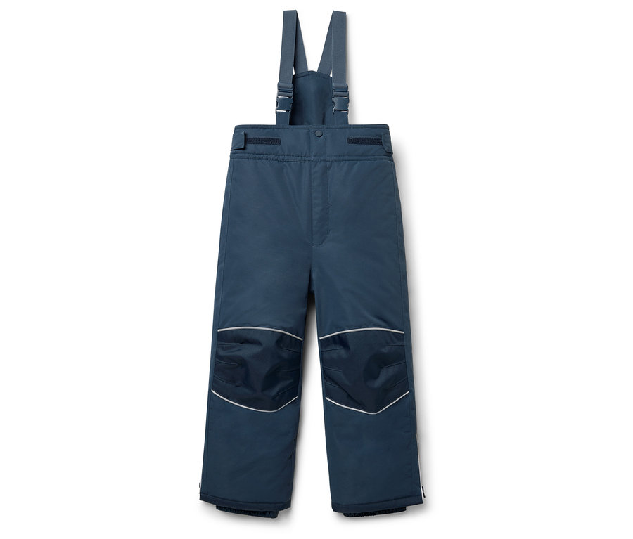 Blaue Kinder-Skihose mit Latz und Knieflicken.