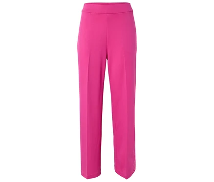 Eine pinke, hoch taillierte Hose mit geradem Bein auf weißem Hintergrund.