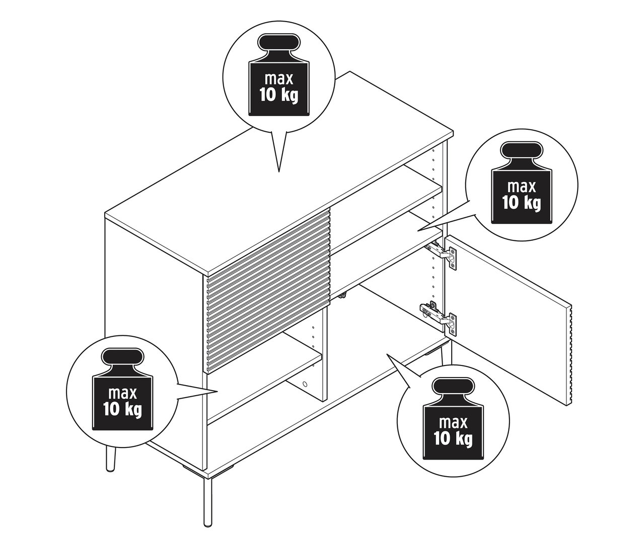 Schemazeichnung eines Sideboards »REET« mit Lamellenoptik, teilweise geöffnet, mit Gewichtsangaben.