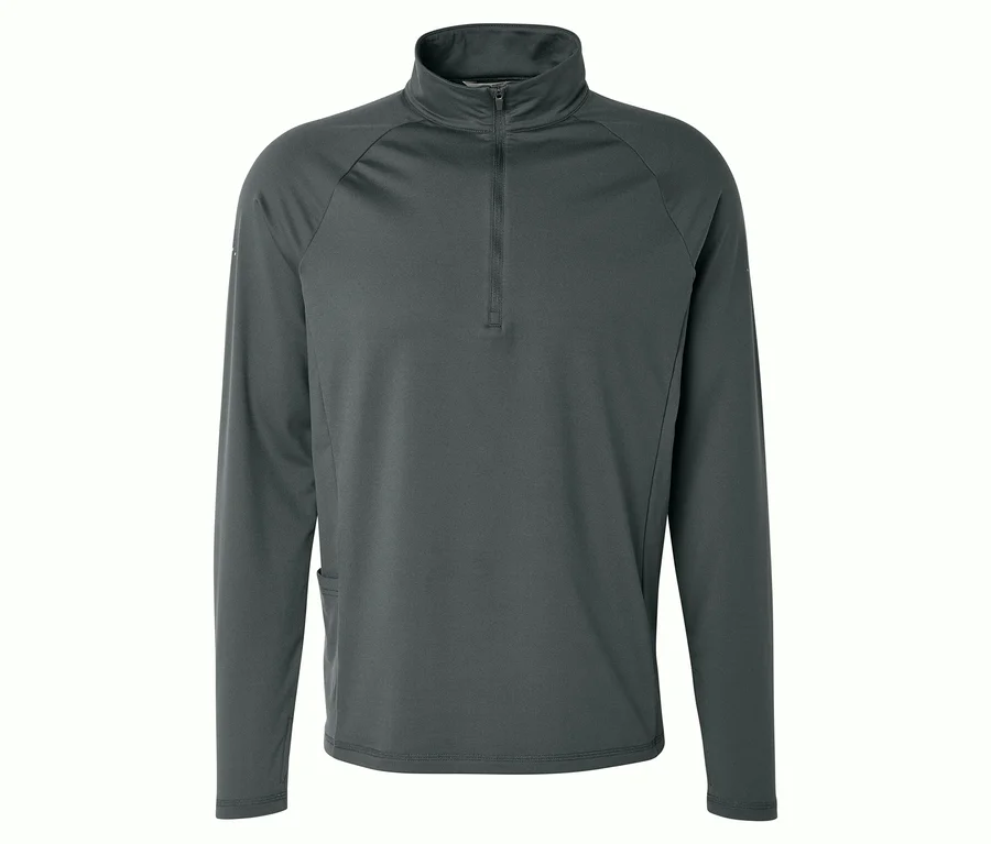 Dunkelgrünes Thermo-Sportshirt mit Stehkragen und halbem Reißverschluss.