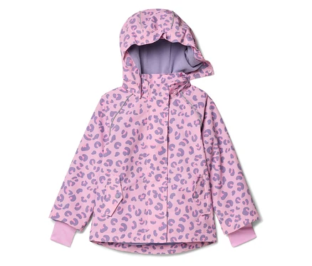 Rosa Kinderjacke mit Kapuze und lila Leopardenmuster.