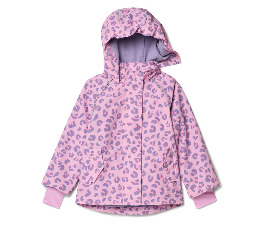 Rosa Kinderjacke mit Kapuze und lila Leopardenmuster.