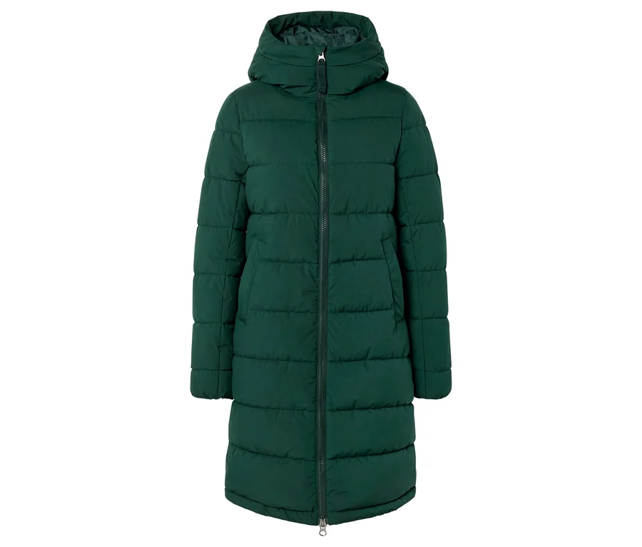 Grüne, lange Steppjacke mit Kapuze und Reißverschluss vorne.