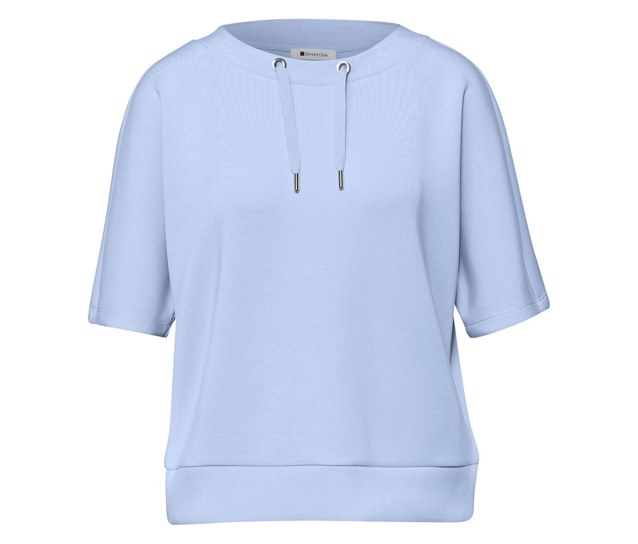 Hellblaues Street One Shirt mit kurzen Ärmeln, Kordelzug am Ausschnitt und geripptem Saum.