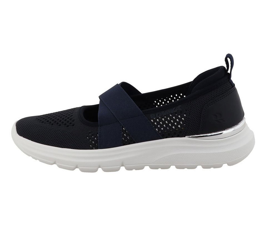 Dunkelblauer Romika Slipper mit Mesh-Obermaterial, weißer Sohle, elastischem Riemen und silbernem Fersendetail.