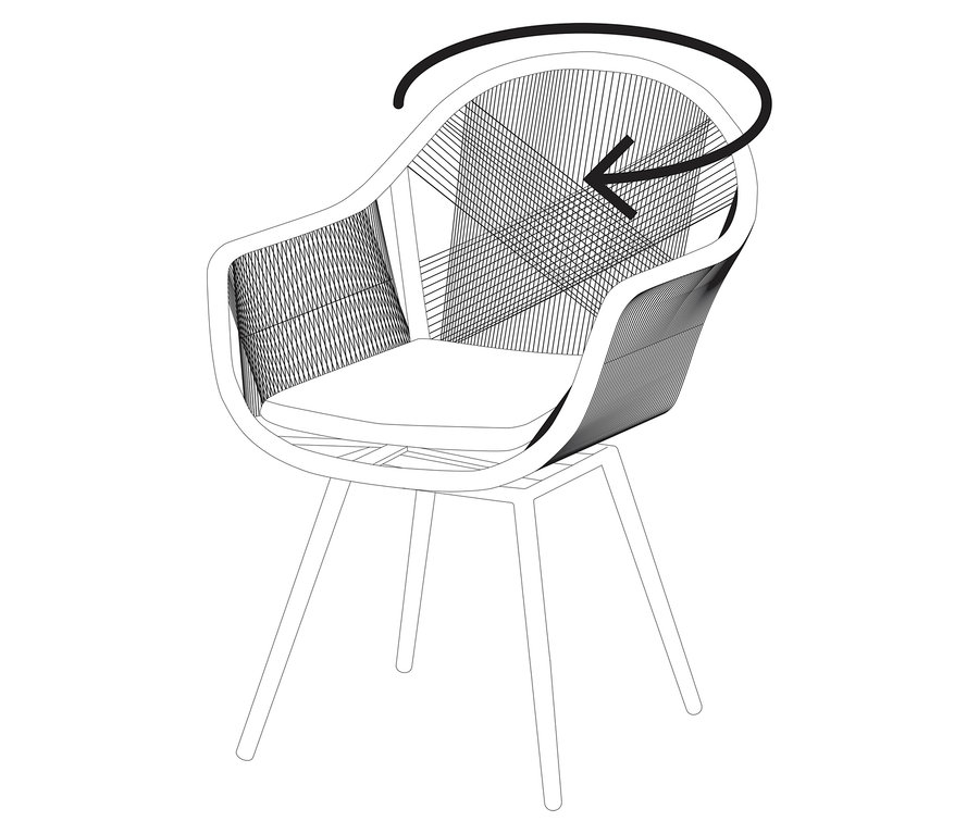 Draufsicht eines Stuhls mit einer Drehbewegung, die durch einen Pfeil angezeigt wird.
