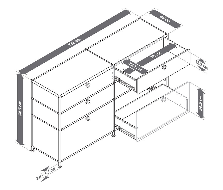 Drei Metallkommoden "CN3" mit je 6 Schubladen, eine weiße, eine graue und eine schwarze, mit Maßangaben.