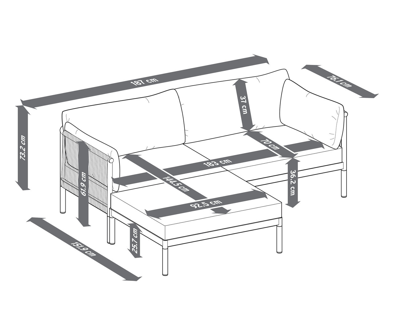 Abbildung eines komfortablen Gartensofas mit separatem Hocker und den dazugehörigen Maßen.