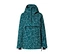Petrolfarbene Kapuzen-Anorak-Jacke mit weißem, abstraktem geometrischem Muster, halbem Reißverschluss vorne, horizontaler Reißverschlusstasche auf der Brust und Reißverschlusstasche am Ärmel.