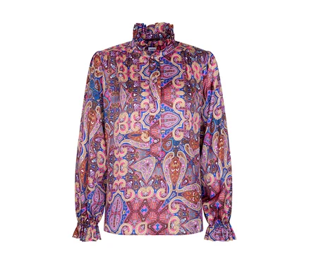 Bunte Seidensticker Bluse mit Paisleymuster, Rüschenkragen und Rüschenmanschetten.
