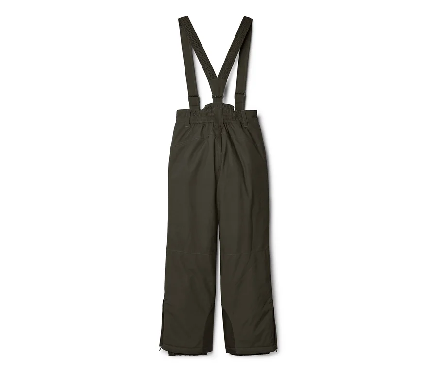 Dunkelgrüne Skihose mit schwarzen Hosenträgern, aus wasserabweisendem Stoff mit Reißverschlüssen an den Beinenden.